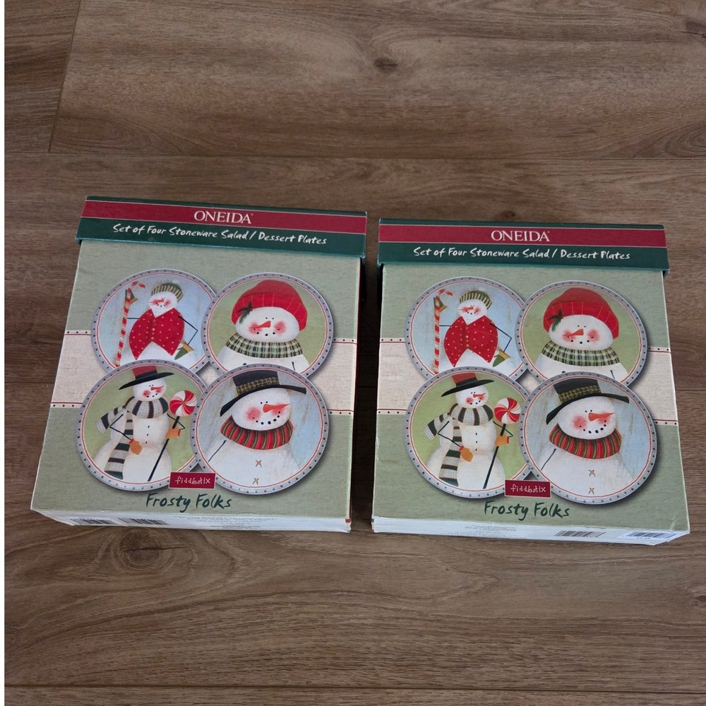 ONEIDA‎ Vintage Frosty Folks 2 Sets of 4 Stoneware Salad Dessert Plates Snowman